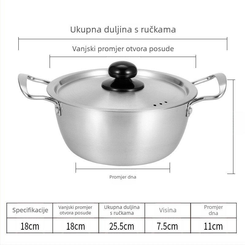 Nerđajući čelik, korejskog stila lonac za rezance, s dvostrukim držačima, porcija za jednu osobu, mali lonac za juhe, za plin i indukciju