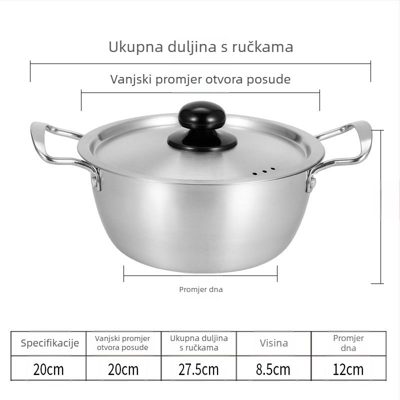Nerđajući čelik, korejskog stila lonac za rezance, s dvostrukim držačima, porcija za jednu osobu, mali lonac za juhe, za plin i indukciju