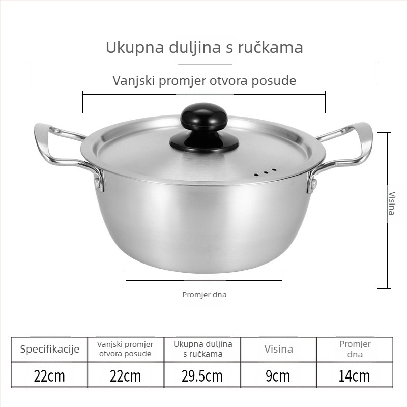 Nerđajući čelik, korejskog stila lonac za rezance, s dvostrukim držačima, porcija za jednu osobu, mali lonac za juhe, za plin i indukciju