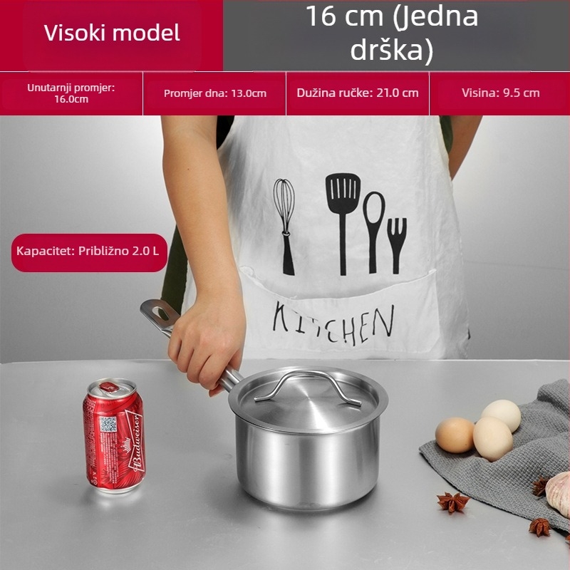 Lonac za juhu s jednom držačem i trodijelnim dnom, nehrđajući čelik; lonac za mlijeko, tjesteninu i kašu te lonac za umake, pogodan za indukciju