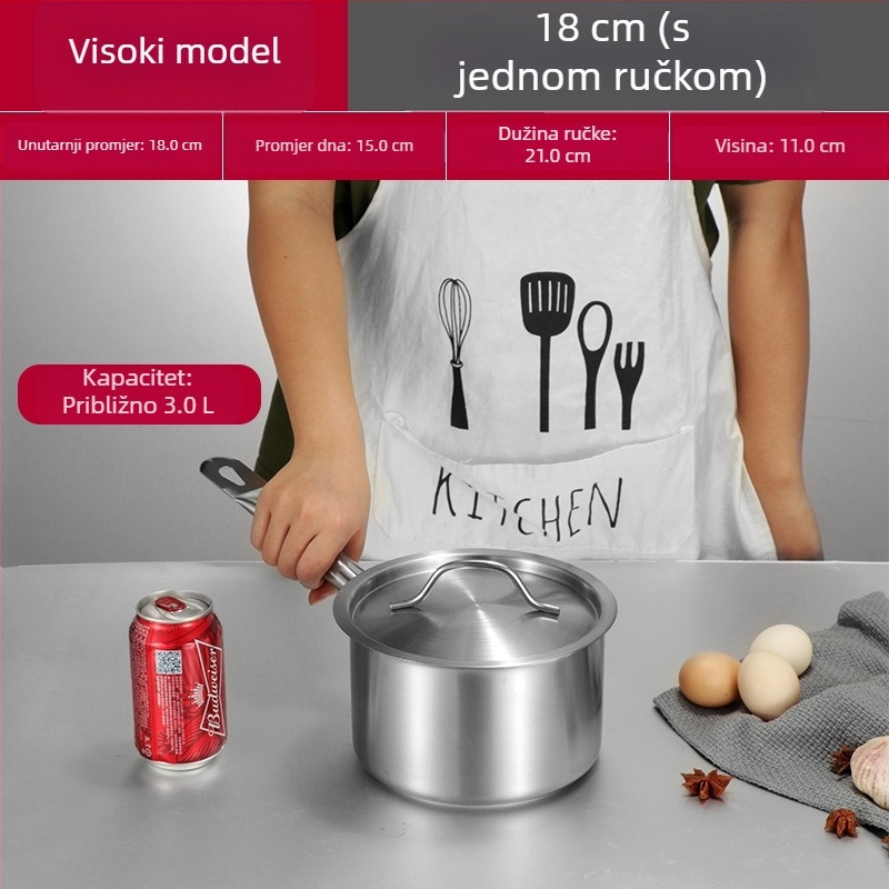 Lonac za juhu s jednom držačem i trodijelnim dnom, nehrđajući čelik; lonac za mlijeko, tjesteninu i kašu te lonac za umake, pogodan za indukciju