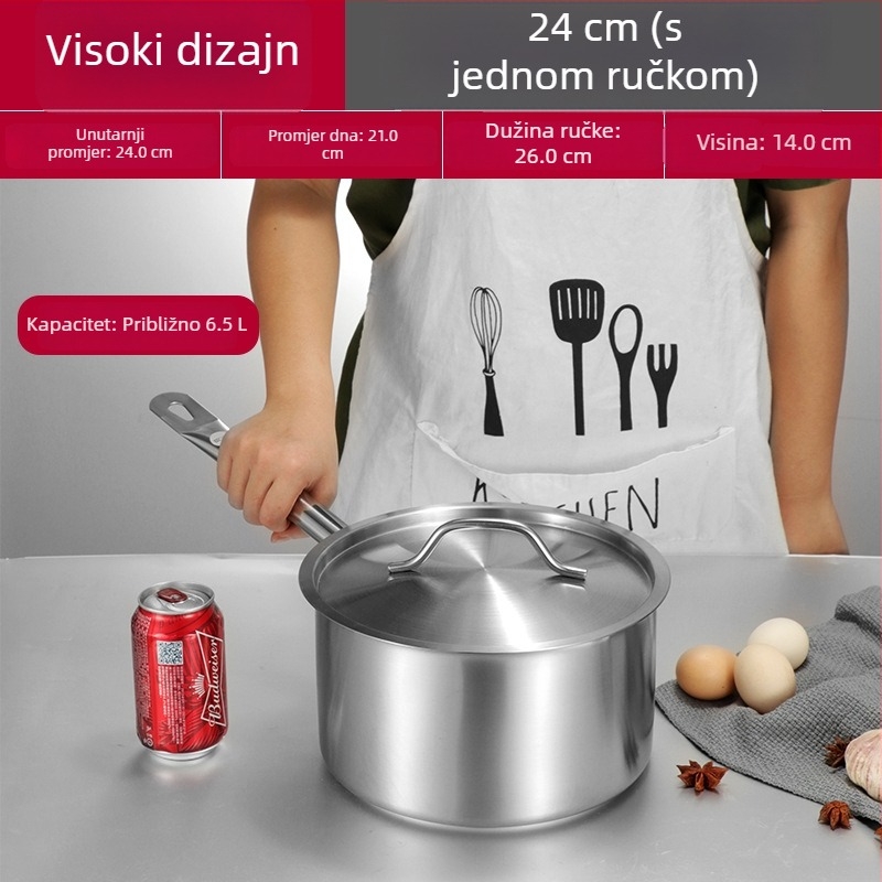 Lonac za juhu s jednom držačem i trodijelnim dnom, nehrđajući čelik; lonac za mlijeko, tjesteninu i kašu te lonac za umake, pogodan za indukciju