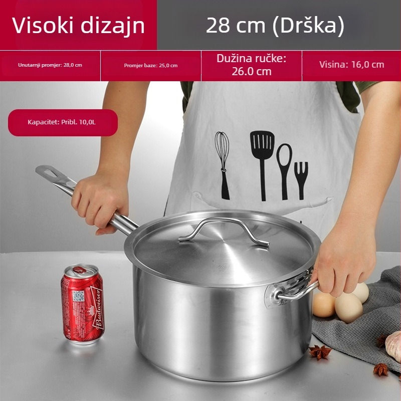 Lonac za juhu s jednom držačem i trodijelnim dnom, nehrđajući čelik; lonac za mlijeko, tjesteninu i kašu te lonac za umake, pogodan za indukciju