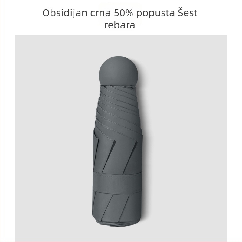 Kompaktni džepni kišobran s crnim premazom za zaštitu od sunca i kiše, u obliku olovke, šest rebara, ručno otvaranje, UV zaštita UPF 50+, lagan i prenosan