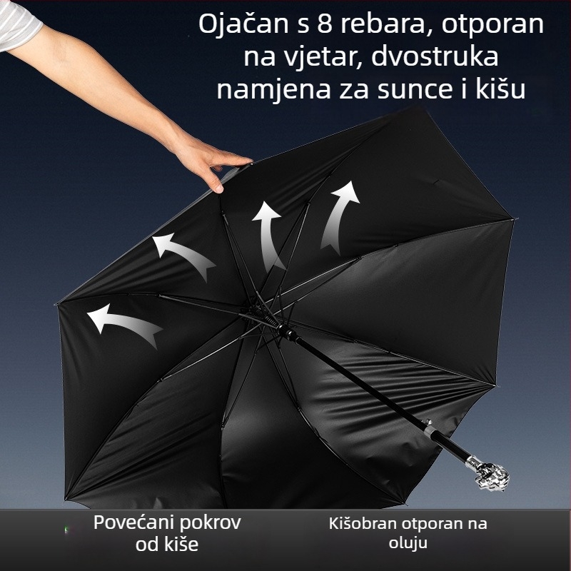 Dugački kišobran s metalnom glavom lava i motivom životinjskog znaka – vrhunski poslovni dar