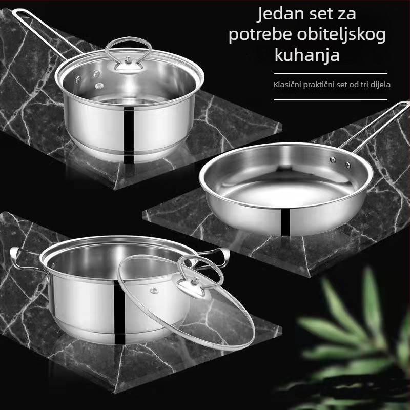 Set posuđa od nehrđajućeg čelika, 3 komada: lonac za mlijeko 18 cm, lonac za juhu 22 cm, tava 24 cm s staklenim poklopcem