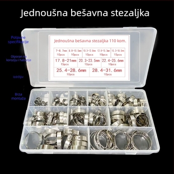 Set od 110 komada nehrđajućeg čeličnog stezaljka za cijevi s jednim uhom, bez koraka podešavanja, za vodu i ulje, auto popravak, raspon 7–31,6 mm