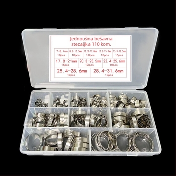 Set od 110 komada nehrđajućeg čeličnog stezaljka za cijevi s jednim uhom, bez koraka podešavanja, za vodu i ulje, auto popravak, raspon 7–31,6 mm