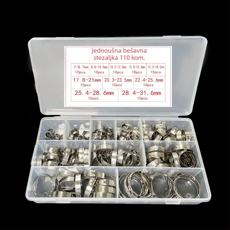 Set od 110 komada nehrđajućeg čeličnog stezaljka za cijevi s jednim uhom, bez koraka podešavanja, za vodu i ulje, auto popravak, raspon 7–31,6 mm