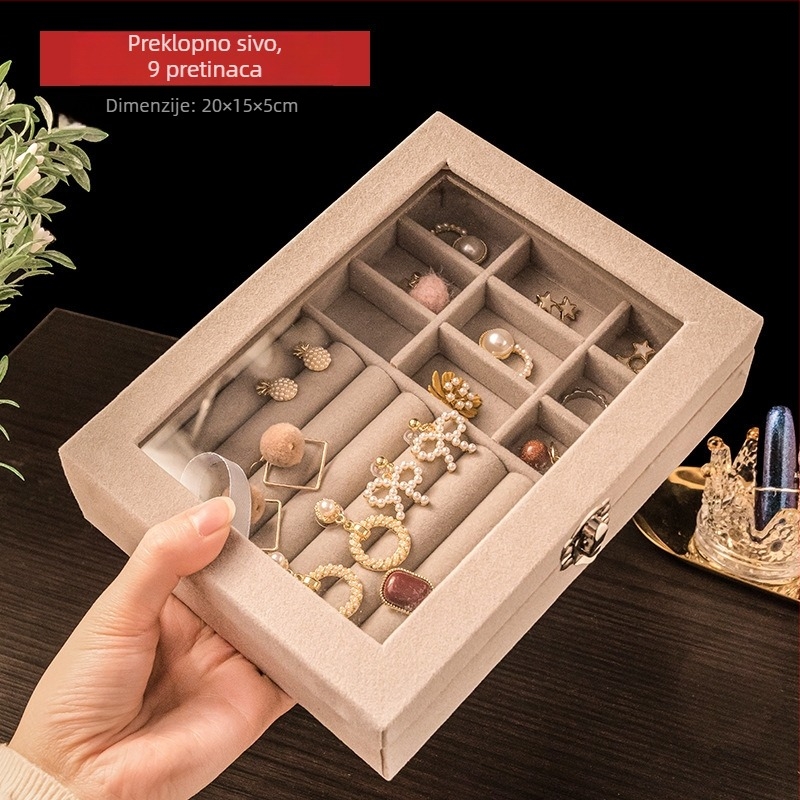 Kutija za nakit s baršunastim unutarnjim dijelom i preklopnim poklopcem, za prstene, lančiće i naušnice, zaštita od oksidacije i prašine