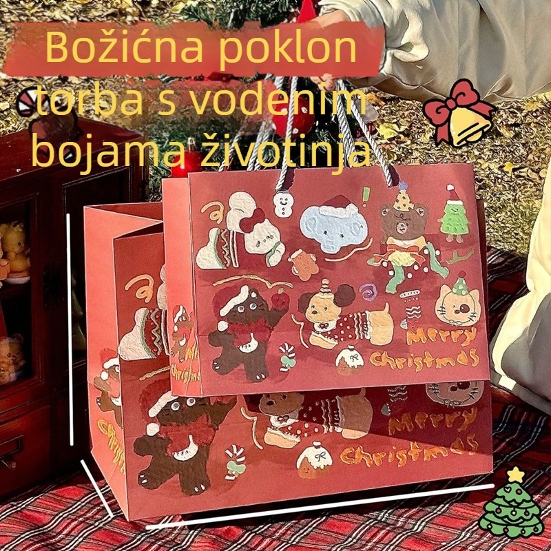 Akvarelne božićne torbe za poklone sa životinjama, velika kapaciteta, papirnate vrećice za poklone