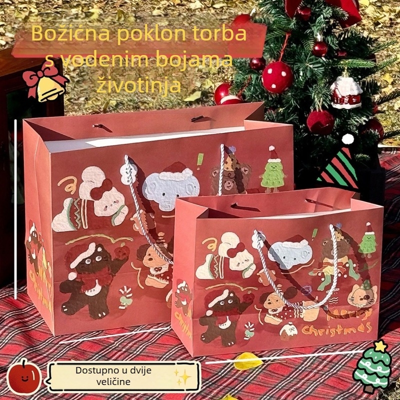 Akvarelne božićne torbe za poklone sa životinjama, velika kapaciteta, papirnate vrećice za poklone