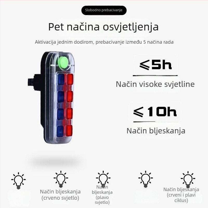 Zadnja svjetlost za bicikl, MTB, SMD LED sa crvenim i plavim treperavim svjetlom za noćnu vožnju