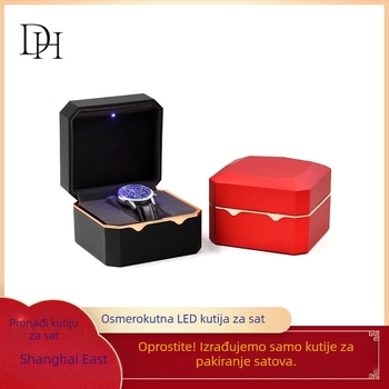 Osmerokutna kutija za nakit s LED osvjetljenjem, lakirana završna obrada, za prstene i satove, unisex