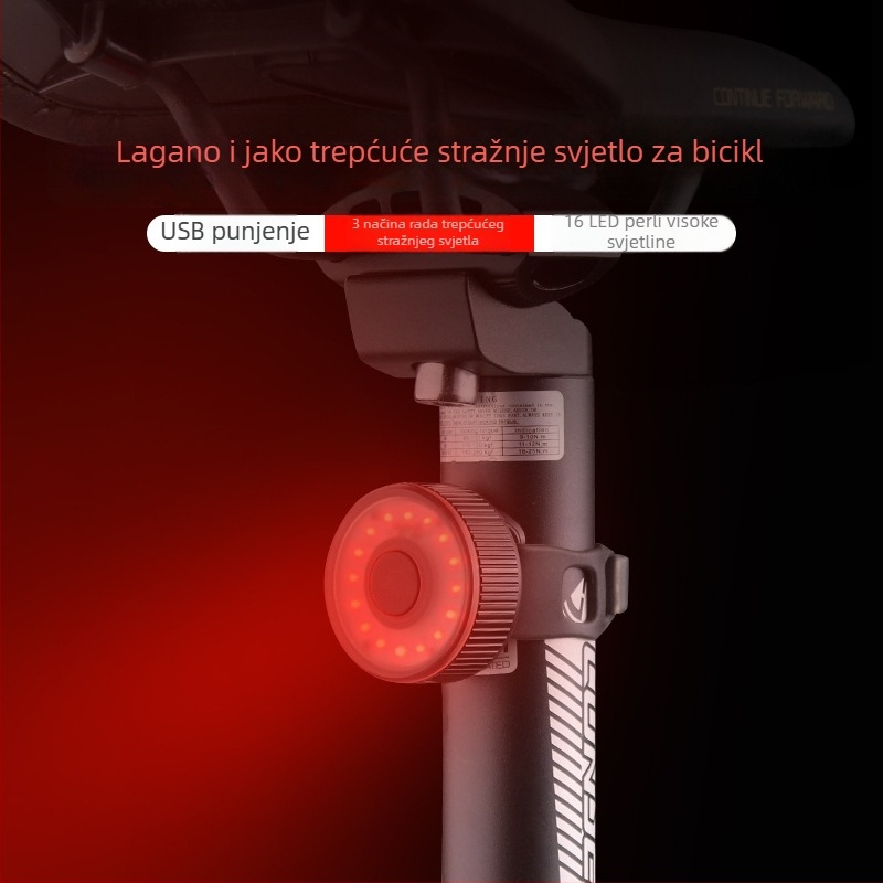 LED stražnja svjetiljka za bicikl s sigurnosnim bljeskom, vodootporna i punjiva; pričvršćivanje trakom; micro-USB punjenje; pogodno za planinske i gradske bicikle.