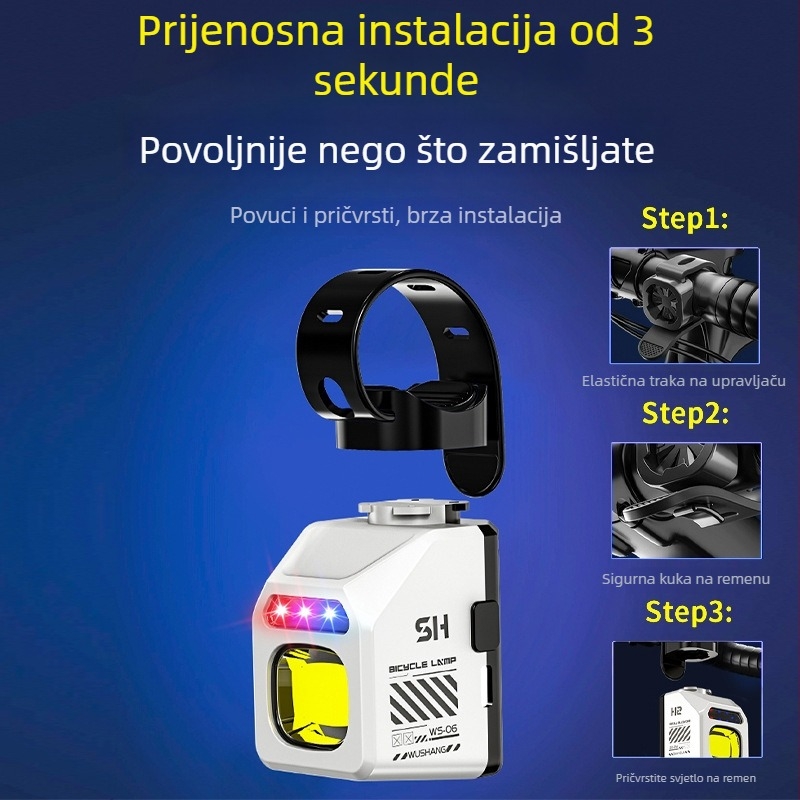 Wushang višenamjensko svjetlo za bicikl – prednje i stražnje, punjivo, upozoravajuće svjetlo, dugi domet za noćnu vožnju