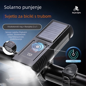 2-u-1 prednja svjetiljka za bicikl s digitalnim zaslonom, solarno svjetlo s klaksonom za MTB i cestovne bicikle, noćna vožnja