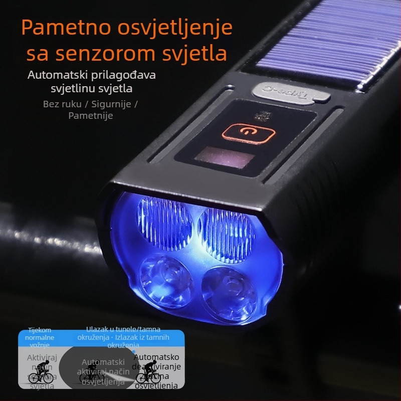 2-u-1 prednja svjetiljka za bicikl s digitalnim zaslonom, solarno svjetlo s klaksonom za MTB i cestovne bicikle, noćna vožnja