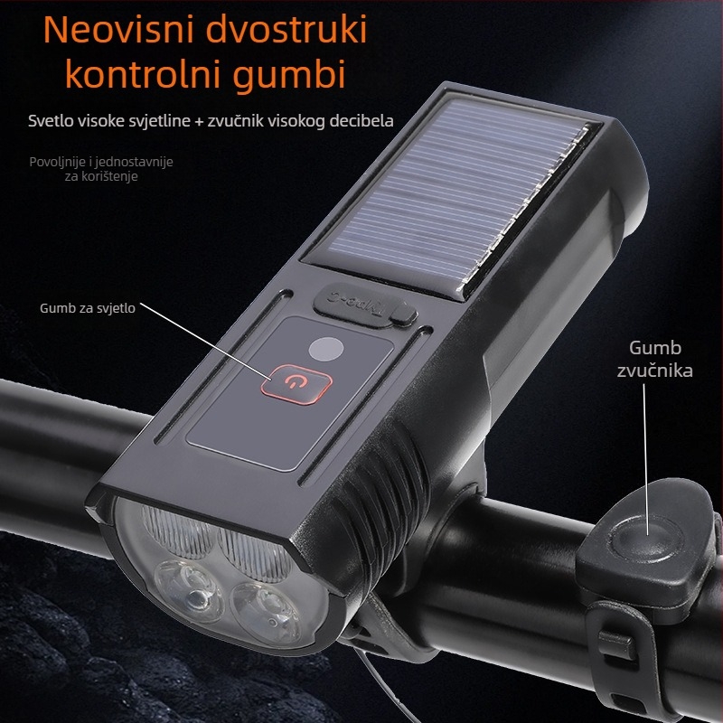 2-u-1 prednja svjetiljka za bicikl s digitalnim zaslonom, solarno svjetlo s klaksonom za MTB i cestovne bicikle, noćna vožnja