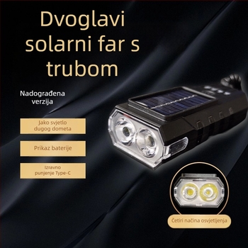 Solarnu napajano prednje svjetlo za bicikl s USB punjenjem, dvostruka glava, dugotrajno snažno svjetlo za noćnu vožnju