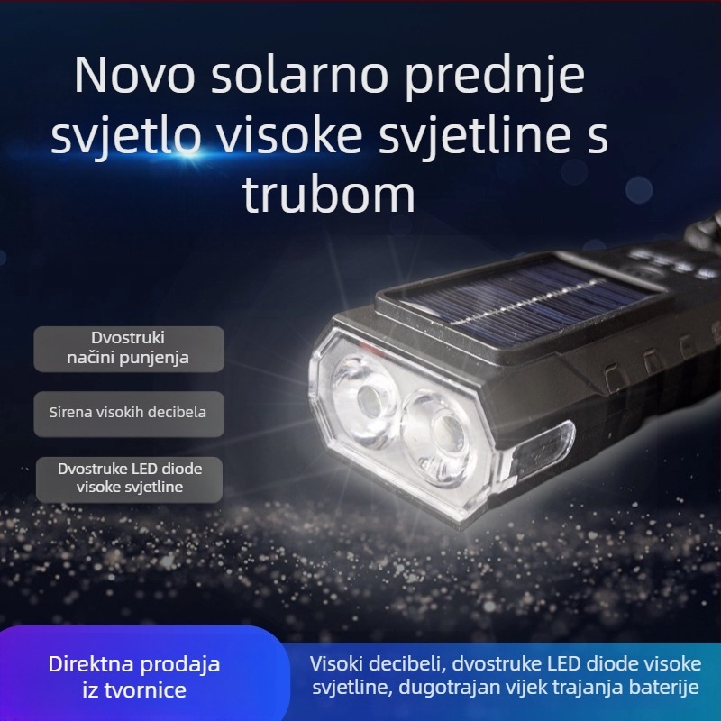 Solarnu napajano prednje svjetlo za bicikl s USB punjenjem, dvostruka glava, dugotrajno snažno svjetlo za noćnu vožnju