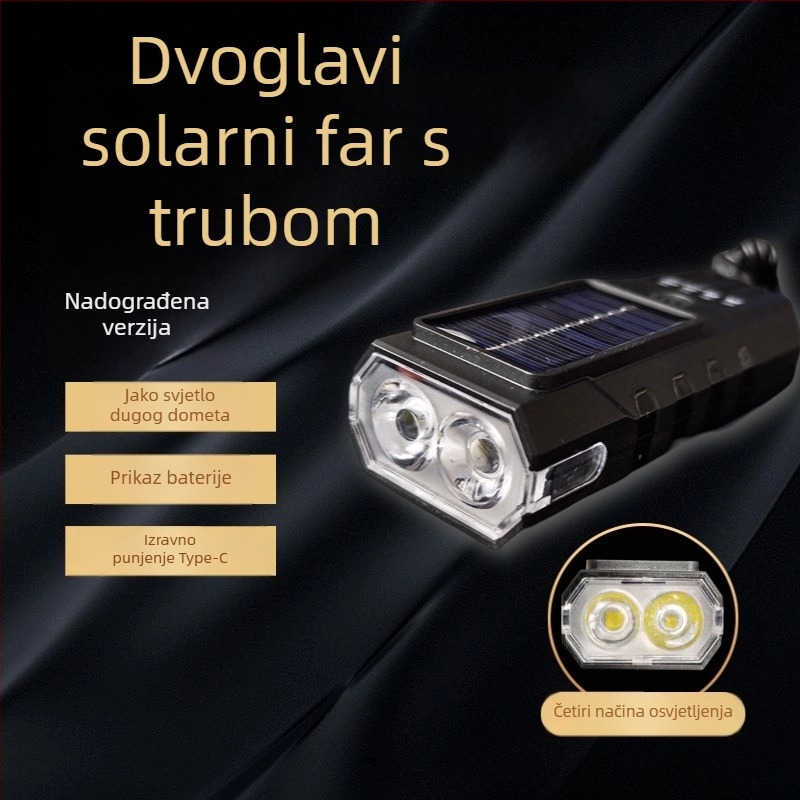 Solarnu napajano prednje svjetlo za bicikl s USB punjenjem, dvostruka glava, dugotrajno snažno svjetlo za noćnu vožnju