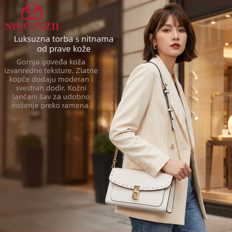 Ženska torbica s ukrasnim čavlima od prave kože, lančani remen, mali četvrtasti oblik, crossbody