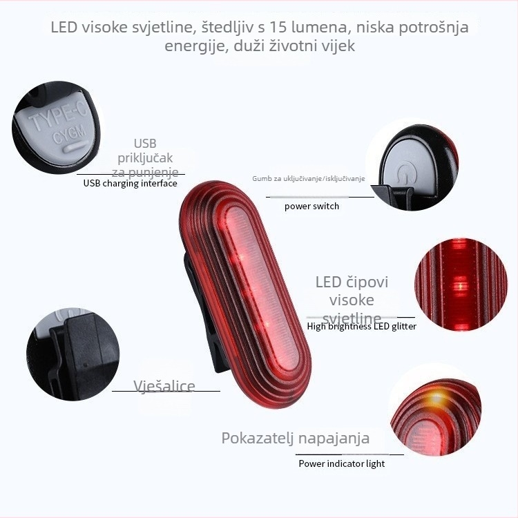 USB-C napajano višebojno LED stražnje svjetlo za bicikl za noćnu vožnju i upozorenje
