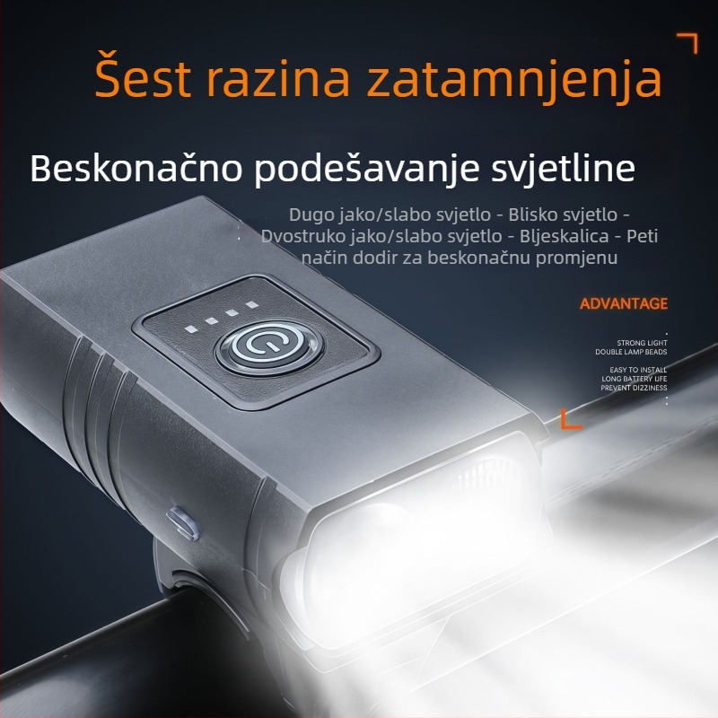 Dvostruka vanjska svjetiljka za bicikl s širokim i usmjerenim snopom, prijenosna USB‑punjiva svjetiljka za bicikl