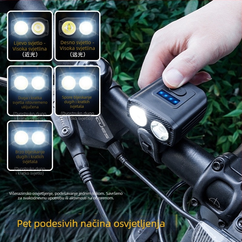 Dualni T6 prednji svjetlosni s Type-C punjenjem, 5 razina osvjetljenja, prilagodljiv nosač za noćnu vožnju, prikaz napunjenosti baterije