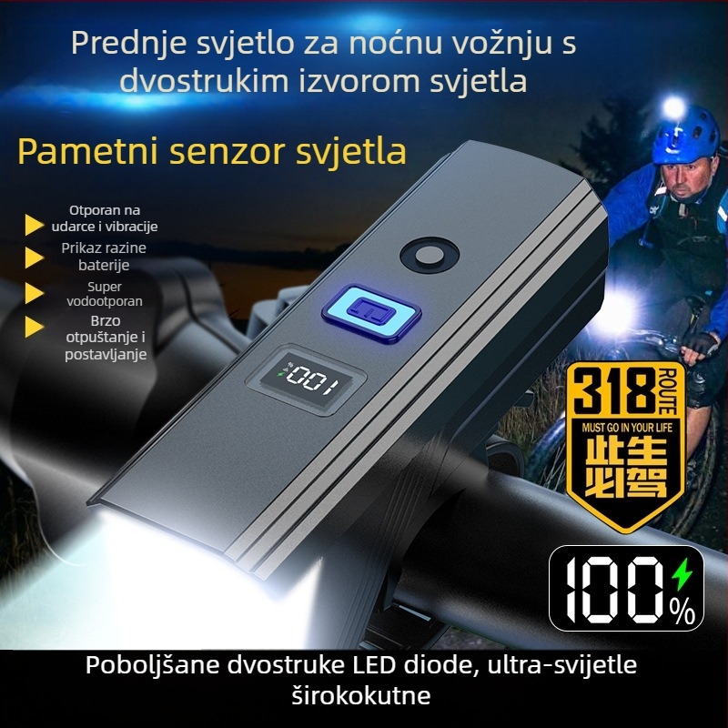 Prednje svjetlo za planinski bicikl s digitalnim zaslonom, punjivo, automatsko prilagođavanje osvjetljenja vanjskoj svjetlosti, dugotrajna baterija za noćnu vožnju
