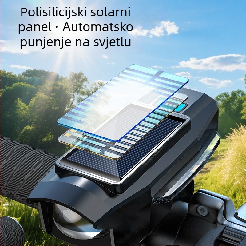 Solárno napajano prednje svjetlo za bicikl s klaksonom i zvonom, snažna LED baterijska svjetiljka za noćne vožnje po planinama