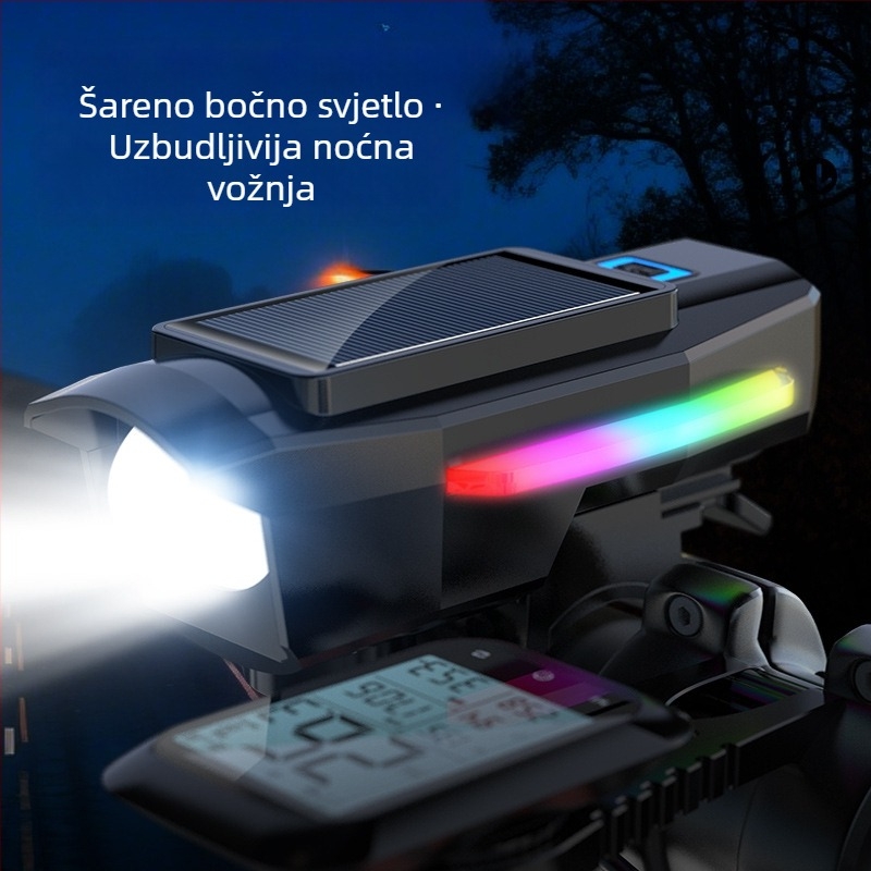 Solárno napajano prednje svjetlo za bicikl s klaksonom i zvonom, snažna LED baterijska svjetiljka za noćne vožnje po planinama