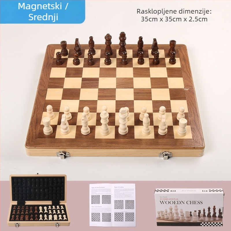 Magnetska sklopiva šahovska ploča od masivnog drva, velike veličine, s dvije dame, za odrasle i djecu, edukativna društvena igra
