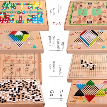 Drvena višestruka društvena igra za djecu i učenike – Ludo, Dama, Gomoku, Kineski šah – edukativna razvojna igra