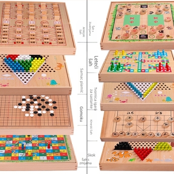 Drvena višestruka društvena igra za djecu i učenike – Ludo, Dama, Gomoku, Kineski šah – edukativna razvojna igra
