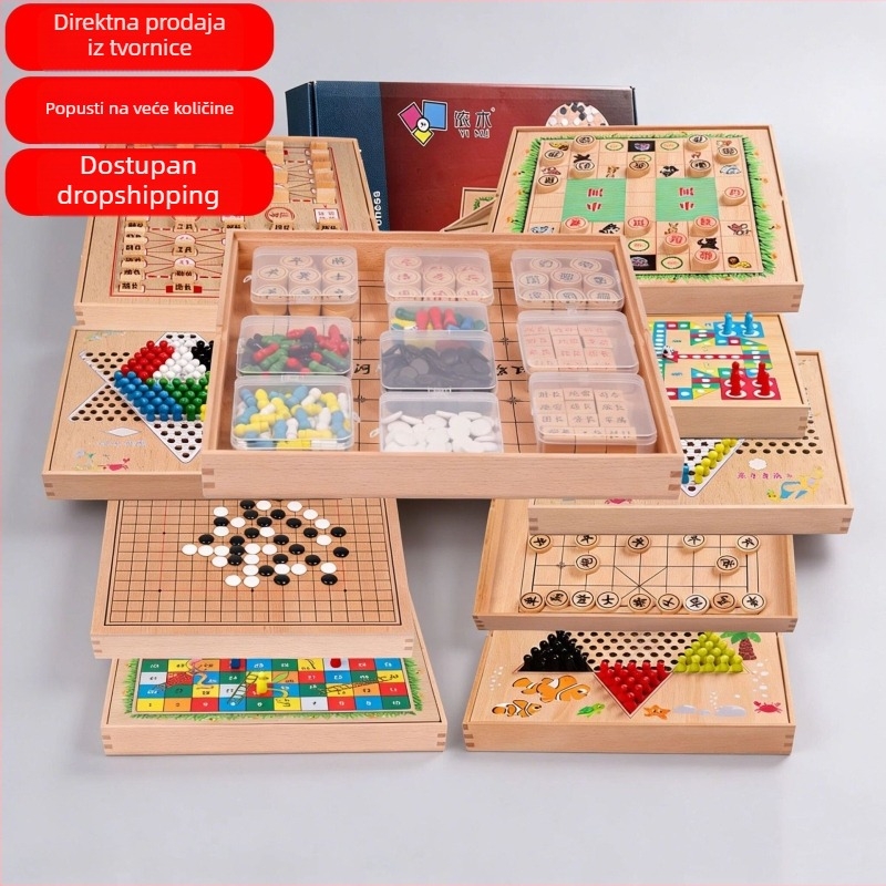 Drvena višestruka društvena igra za djecu i učenike – Ludo, Dama, Gomoku, Kineski šah – edukativna razvojna igra