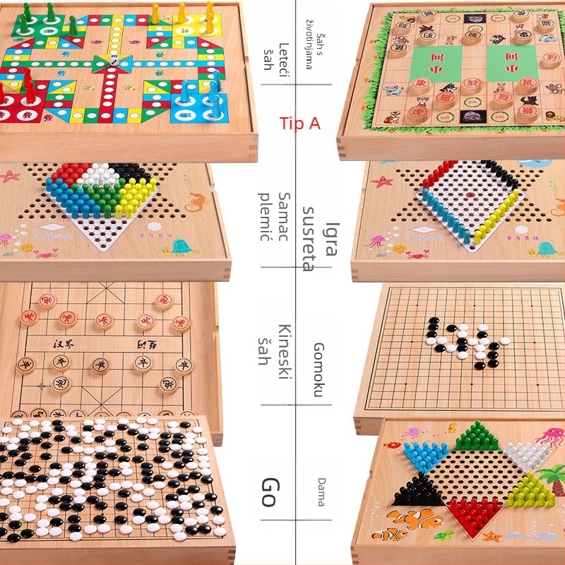 Drvena višestruka društvena igra za djecu i učenike – Ludo, Dama, Gomoku, Kineski šah – edukativna razvojna igra