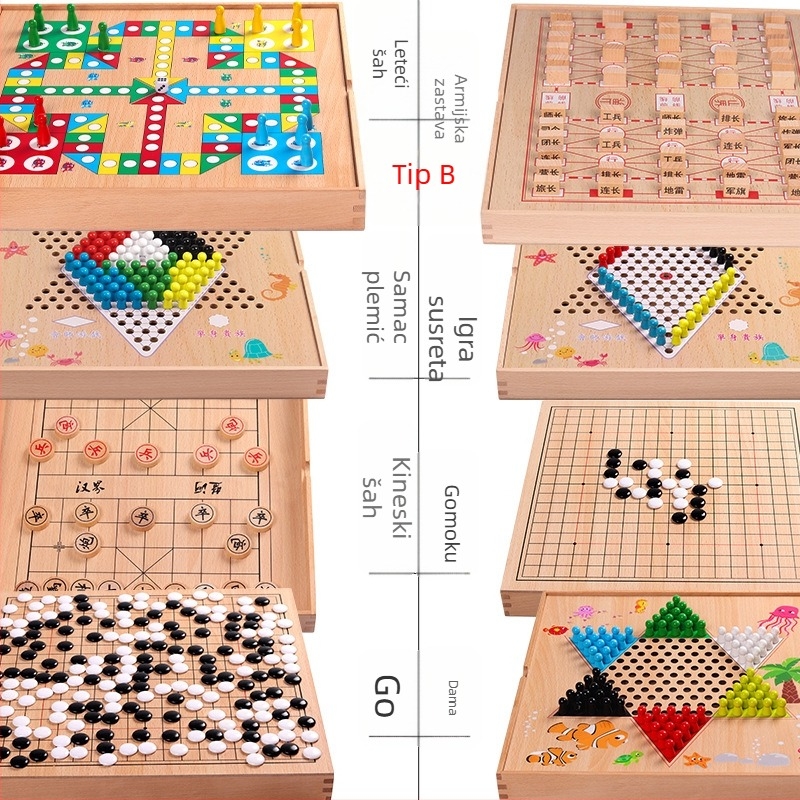 Drvena višestruka društvena igra za djecu i učenike – Ludo, Dama, Gomoku, Kineski šah – edukativna razvojna igra