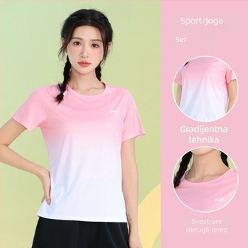 Ženski sportski T-shirt s gradijentom boja, brzo se suši, lagan i prozračan, ljetni kratkih rukava, opuštenog kroja, za trening i badminton