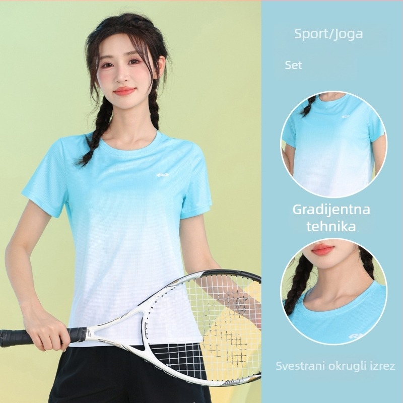 Ženski sportski T-shirt s gradijentom boja, brzo se suši, lagan i prozračan, ljetni kratkih rukava, opuštenog kroja, za trening i badminton