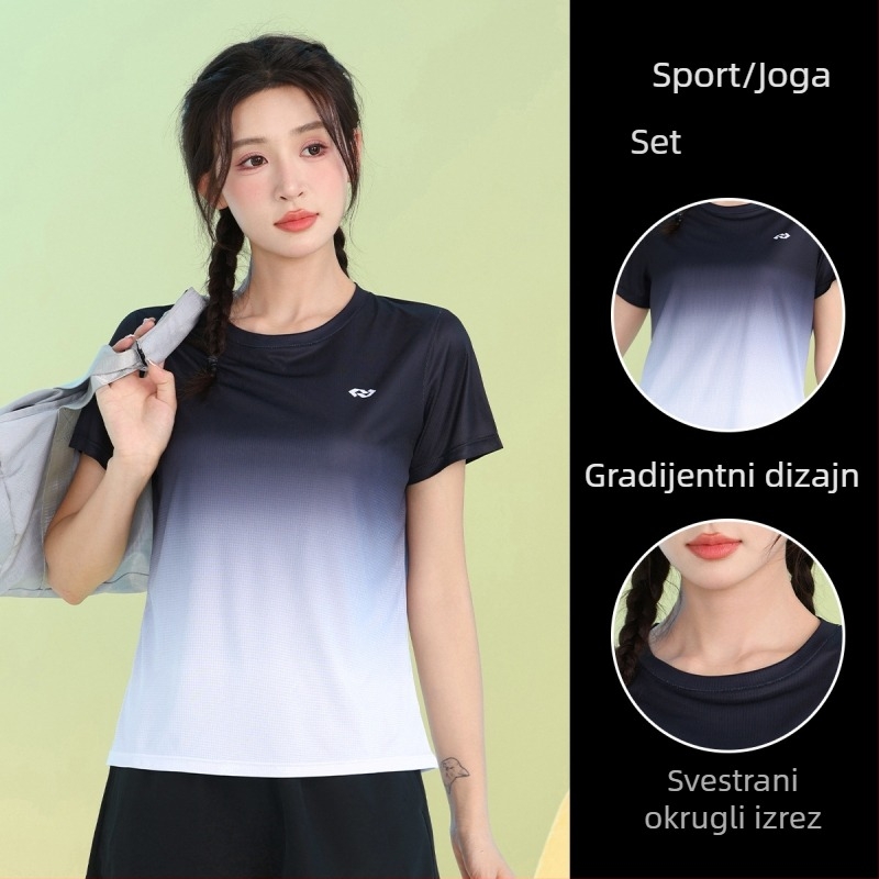 Ženski sportski T-shirt s gradijentom boja, brzo se suši, lagan i prozračan, ljetni kratkih rukava, opuštenog kroja, za trening i badminton