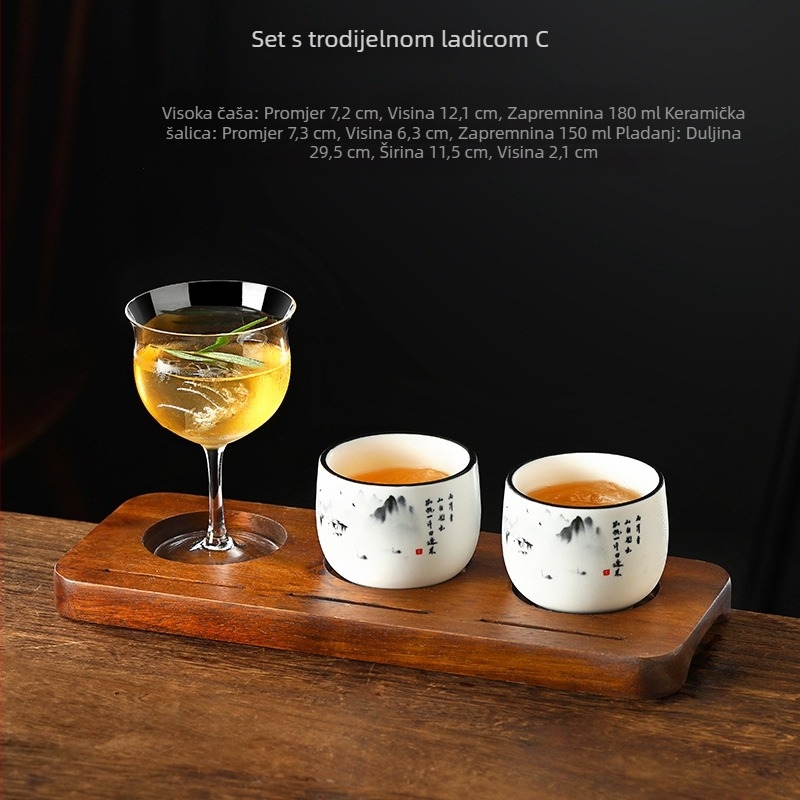 Keramički set šalice za kavu s drvenim pladnjem s rupicama za Cold Brew i latte retro stil