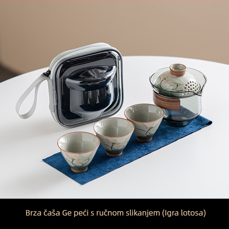 Putni čajni set s ručno oslikanim šalicama, jednim čajnikom i tri šalice, prijenosno za vanjsku upotrebu