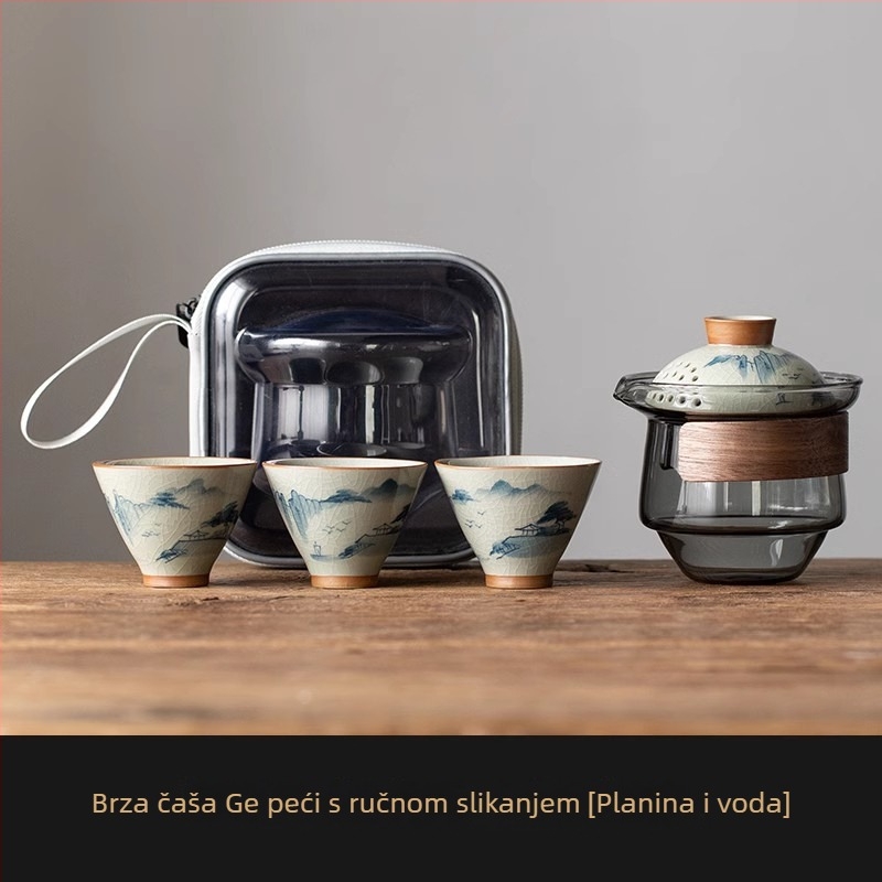 Putni čajni set s ručno oslikanim šalicama, jednim čajnikom i tri šalice, prijenosno za vanjsku upotrebu