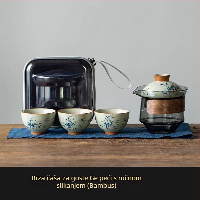 Putni čajni set s ručno oslikanim šalicama, jednim čajnikom i tri šalice, prijenosno za vanjsku upotrebu