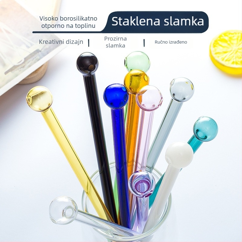 Kreativna staklena slamka od borosilikatnog stakla, višebojna s okruglim vrhom, za mliječni čaj, 8×190 mm