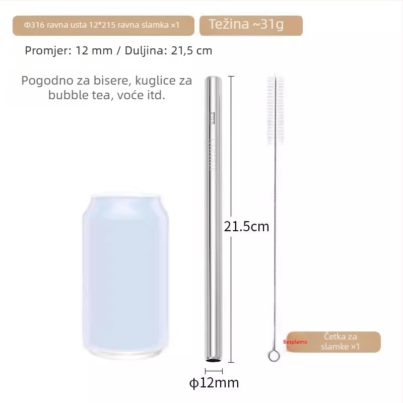 Proširena slamka od 316 nerđajućeg čelika za bubble tea, metalna cijev za piće, velika šalica, 23/26/30 cm