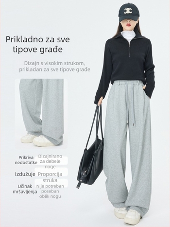 Nova siva sportska hlača s visokim strukom za jesen i zimu, opuštenog kroja, casual stil, banana kroj, produžene zakrivljene široke nogavice