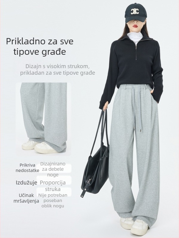 Nova siva sportska hlača s visokim strukom za jesen i zimu, opuštenog kroja, casual stil, banana kroj, produžene zakrivljene široke nogavice